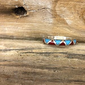 Turquoise and Coral inlay ring SOLD